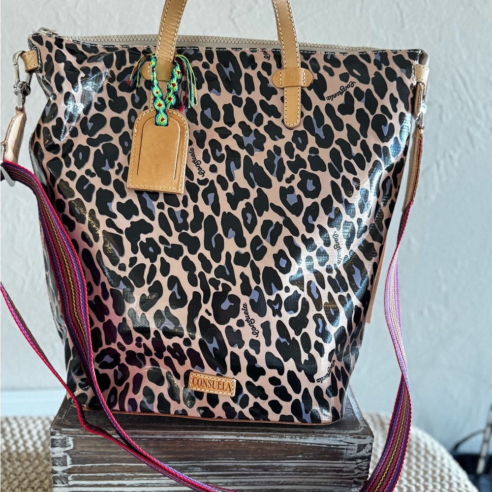 Consuela Leopard Print Backpack/Sling in Tan and Black with Colorful Strap